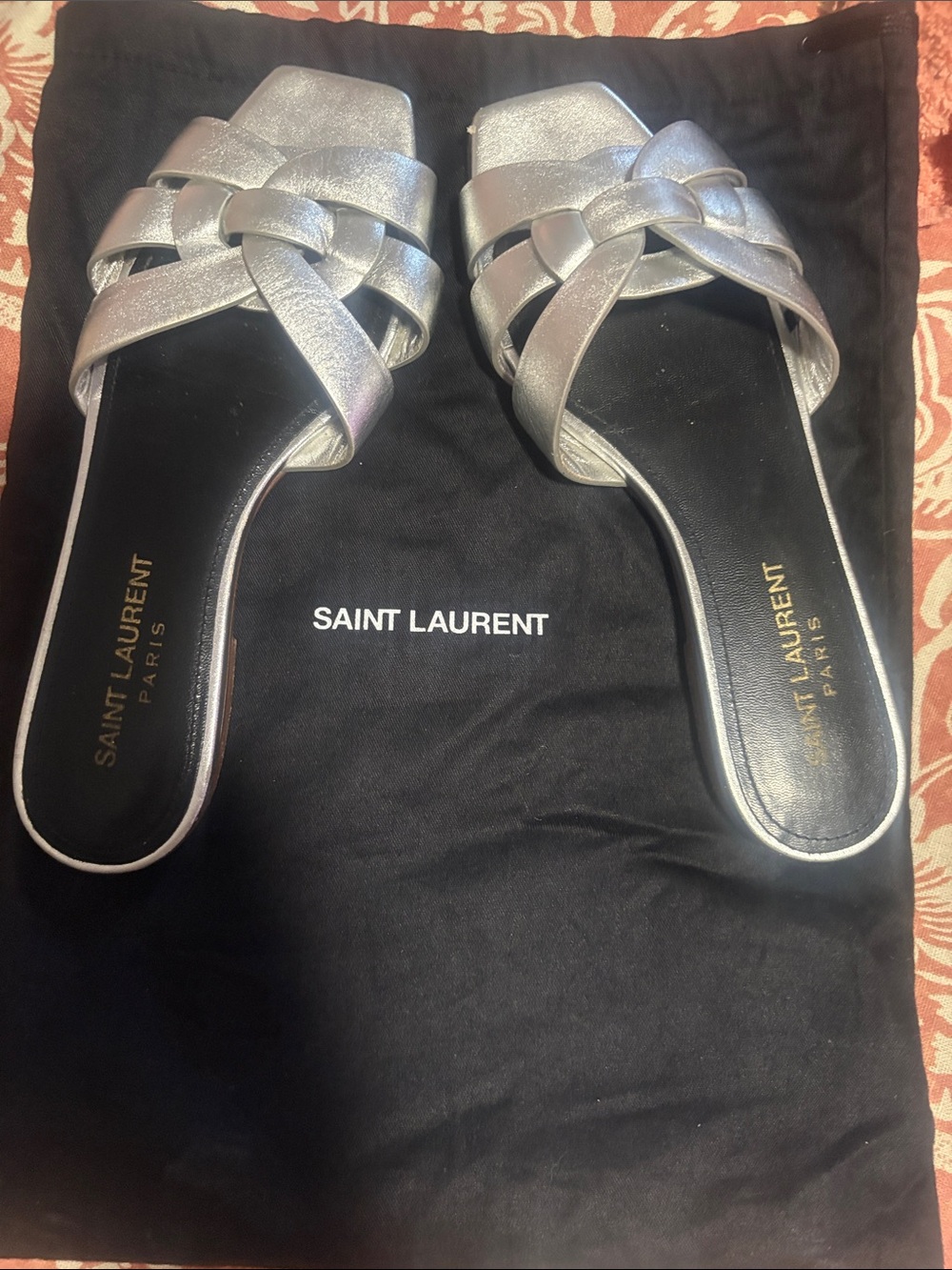 Yves Saint Laurent Silver Braided Slide Sandals